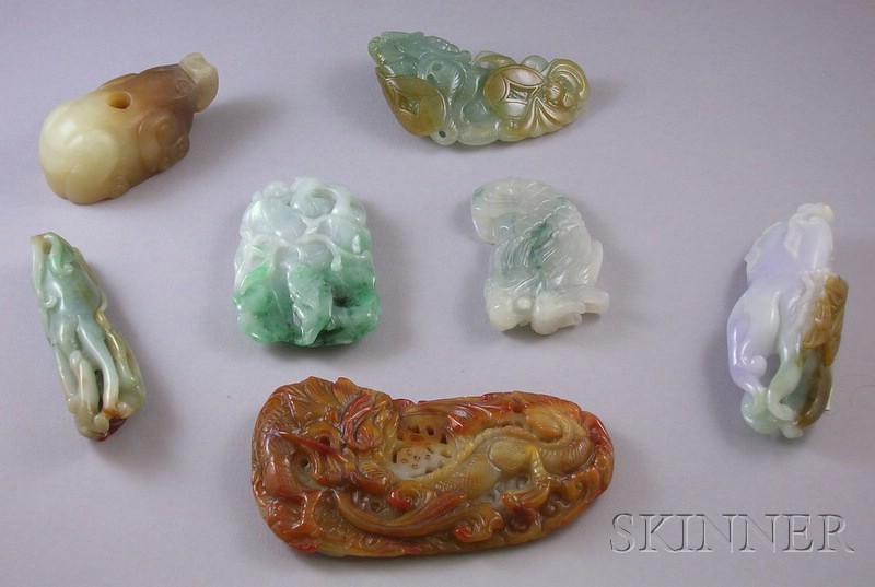 Appraisal: Seven Carved Jade and Stone Pendants and Other Items five