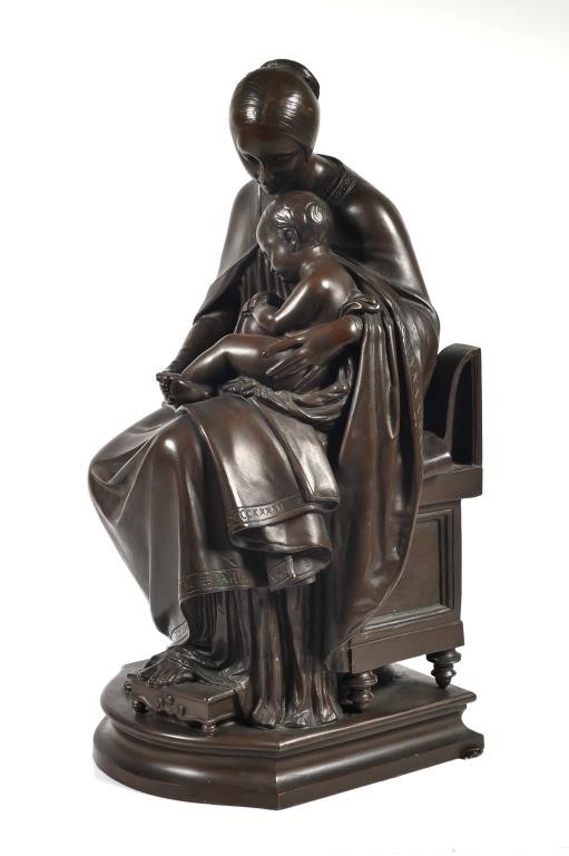 Appraisal: French bronze sculpture of seated woman with baby or child