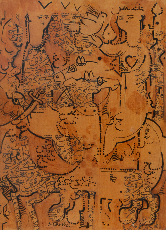 Appraisal: TABRIZI Sadegh Iranian - Mixed Media Composition with Royalty Horses