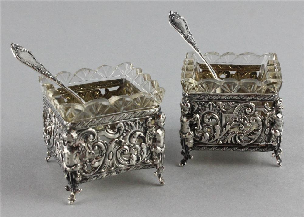 Appraisal: PAIR OF GERMAN SILVER OPEN SALTS WITH GLASS LINERS square