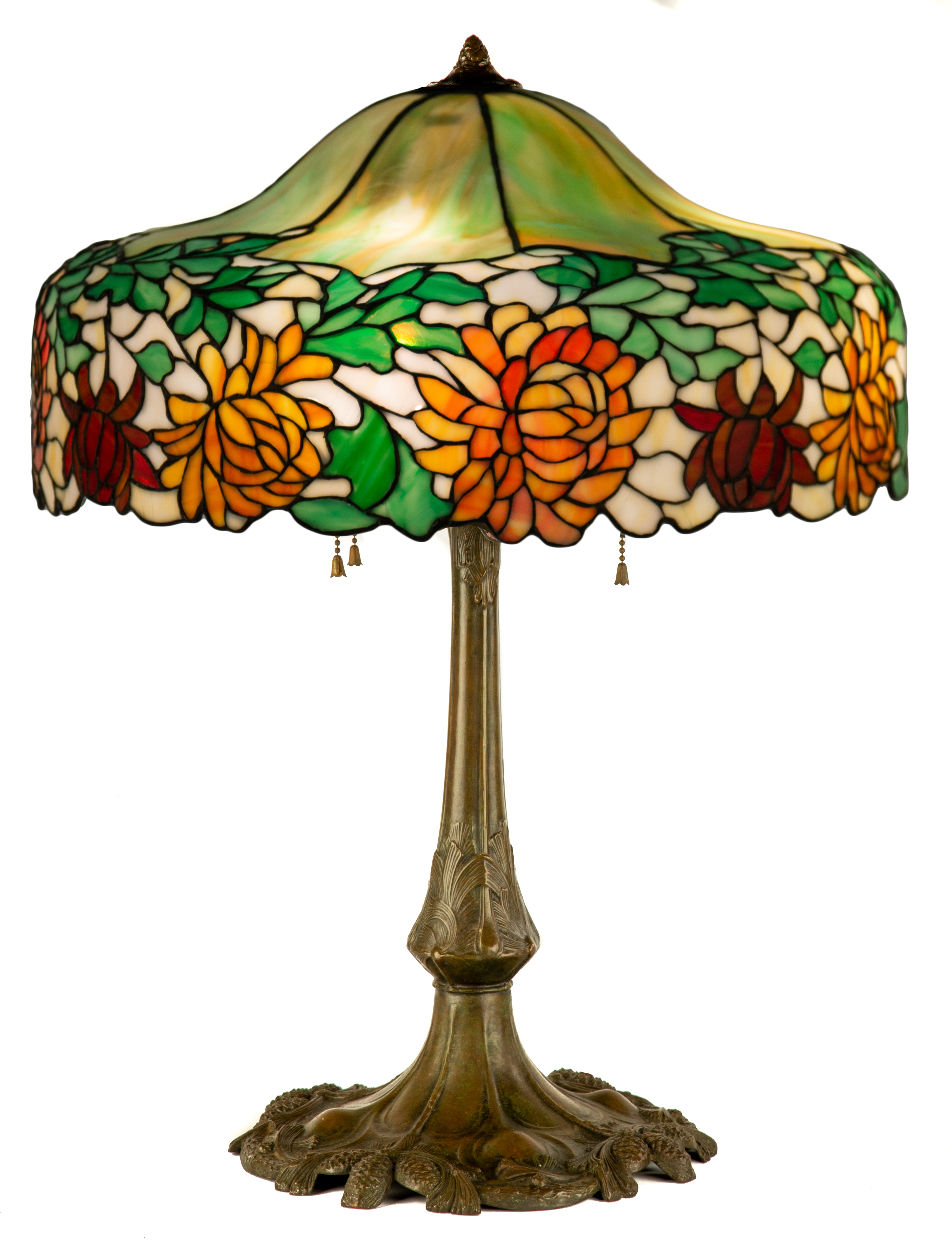 Appraisal: GORHAM CHRYSANTHEMUM TABLE LAMP Early th century Patinaed brass base