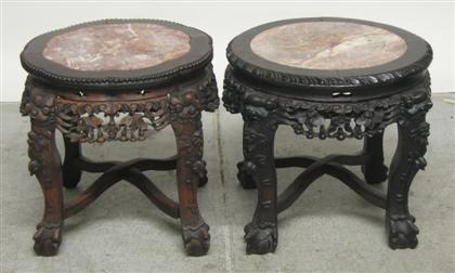 Appraisal: Pair of Chinese carved hardwood marble top low tabourets th