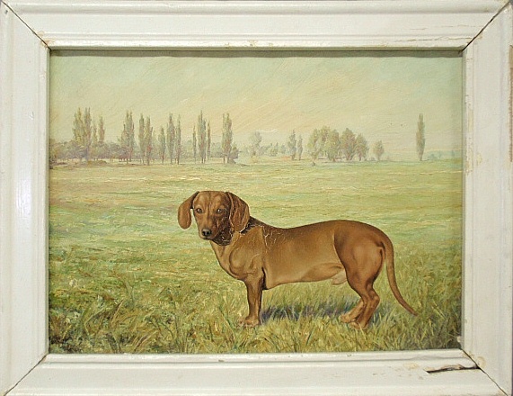 Appraisal: - Oil on canvas canine portrait of a standing Dachshund