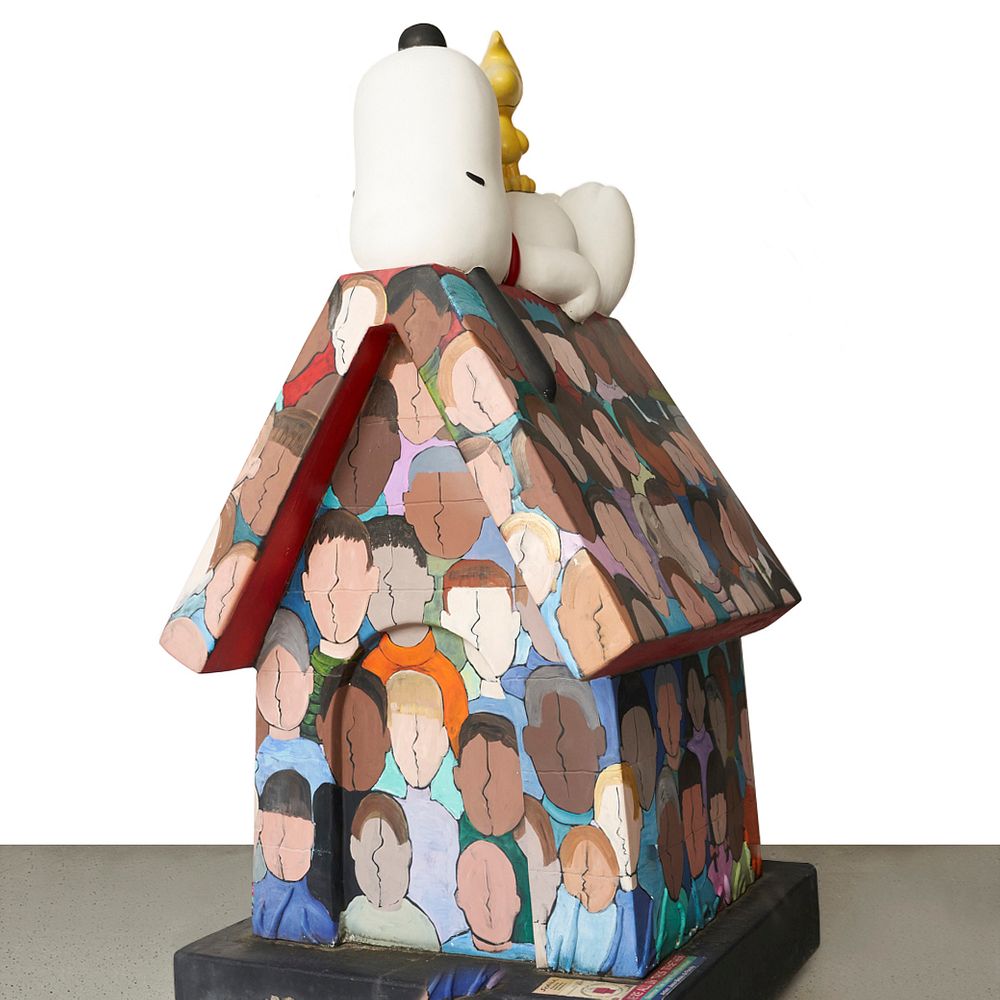 Appraisal: Fiberglass Snoopy House w Cement Base Painted fiberglass sculpture of