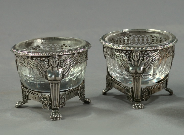 Appraisal: Pair of Restauration Sterling Silver-Mounted Cut Glass Salts first quarter