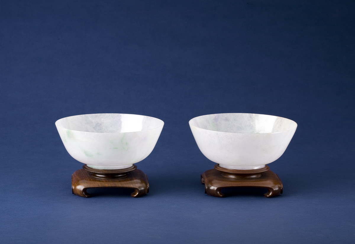 Appraisal: PAIR OF WHITE JADE BOWLS WITH LIGHT GREEN VEINING With