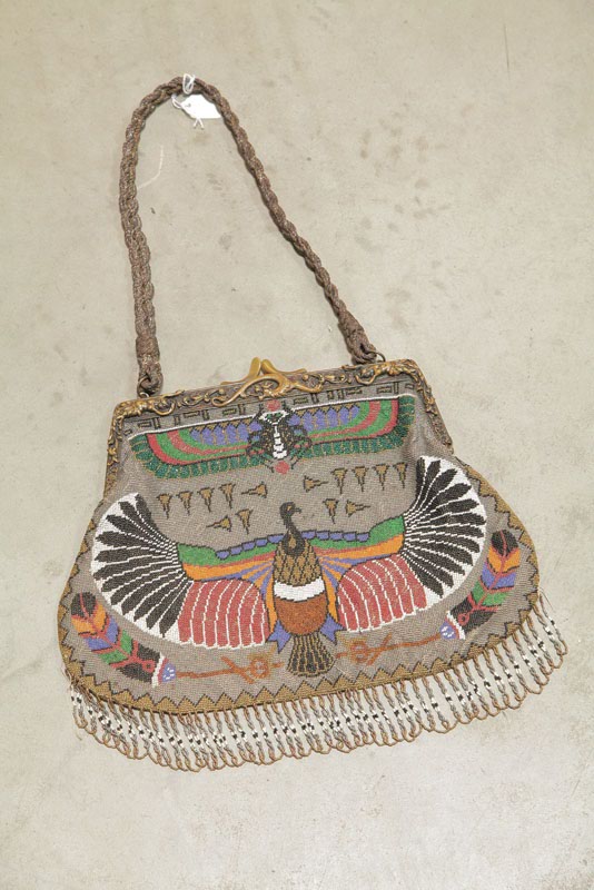 Appraisal: BEADED PURSE Probably French th century Egyptian revival beaded handbag