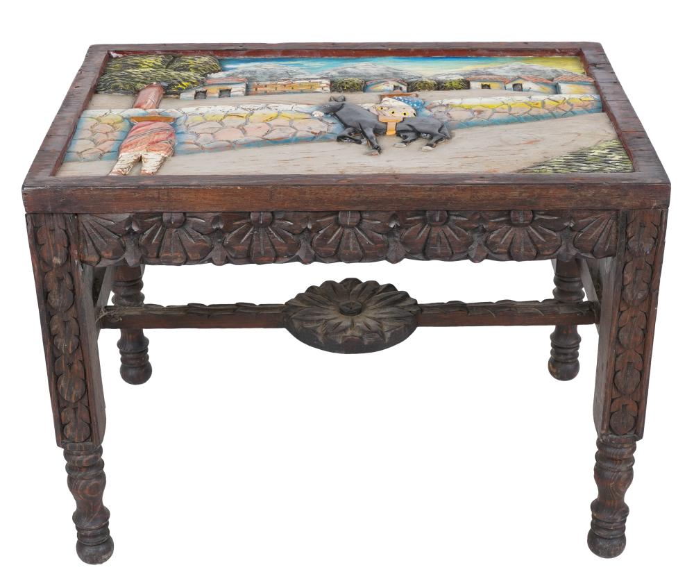 Appraisal: MEXICAN CARVED PAINTED WOOD END TABLEthe rectangular top depicting figures