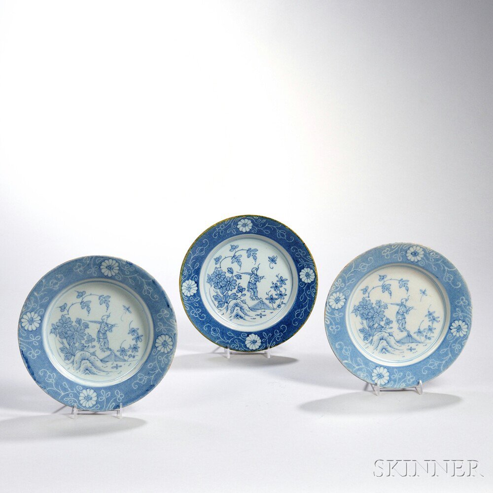 Appraisal: Three Similar Lambeth Delft Blue and White Chinaman Plates England