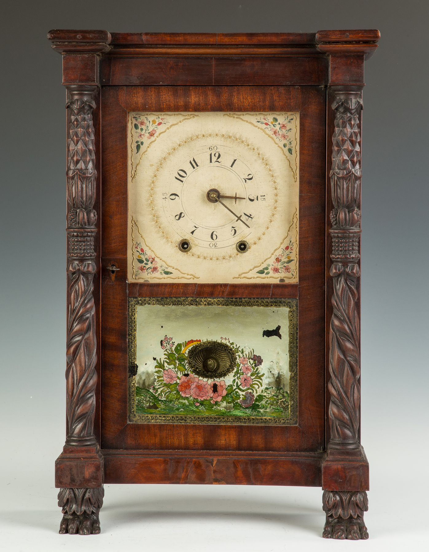 Appraisal: Rare Mark Leavenworth Miniature Shelf Clock Mahogany case carved columns