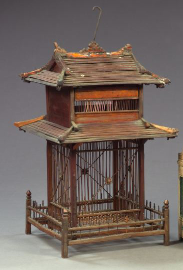 Appraisal: Southeast Asian Carved Wood and Wire Birdcage of two-story house