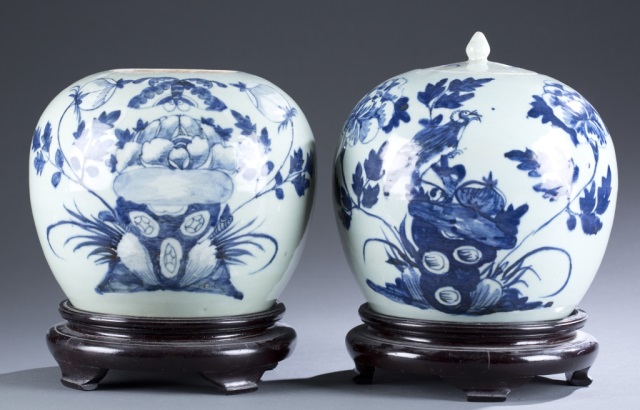 Appraisal: Pair of Chinese Ginger Jars Blue floral and bird motif