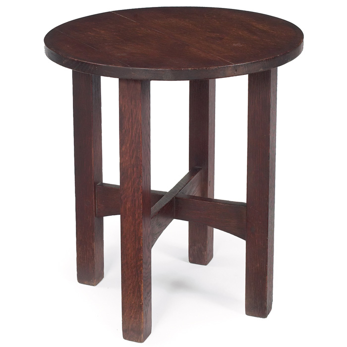 Appraisal: Good Gustav Stickley tabouret circular top over an arched cross-stretcher