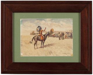 Appraisal: Leonard Reedy Wagon train with Native Americans signed and dated