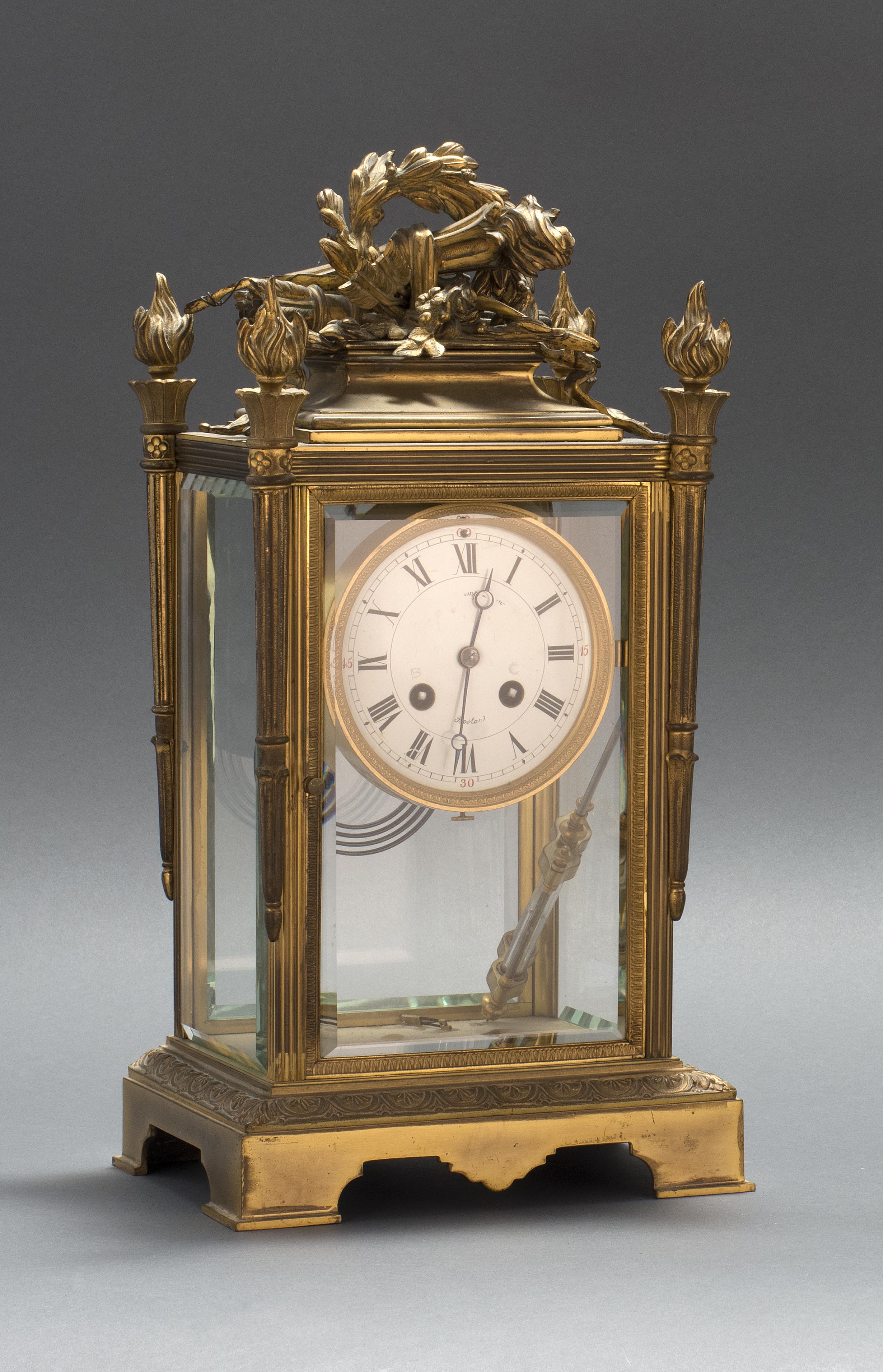 Appraisal: FRENCH MANTEL CLOCK Early th CenturyBrass case with beveled glass