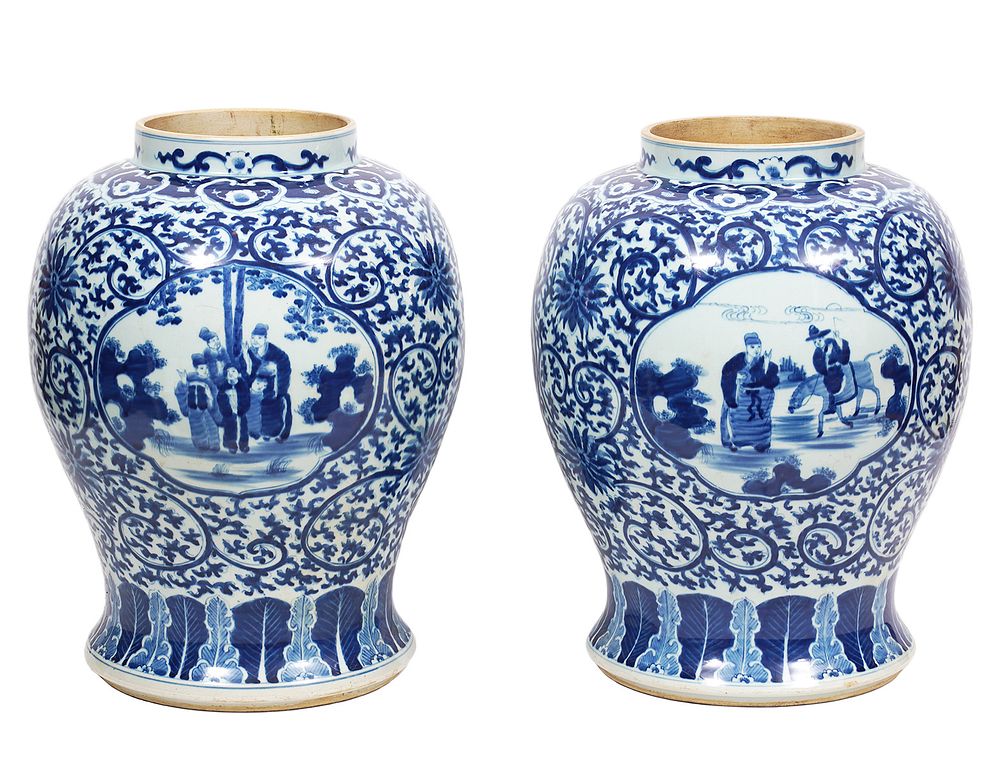 Appraisal: Pair Chinese Blue White Large Porcelain Jars Pair of large