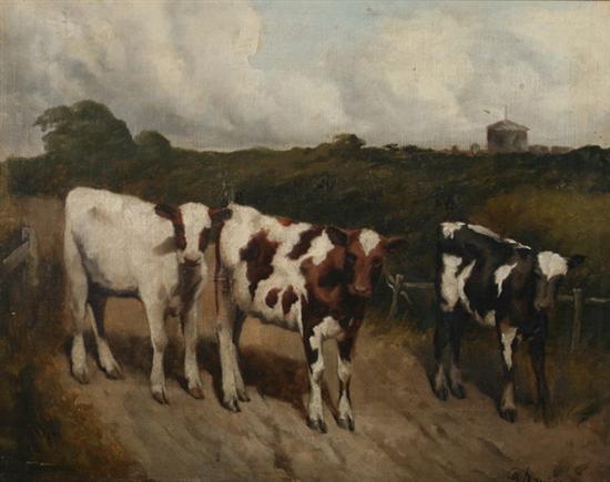 Appraisal: G DAVIS English th century COWS ON PATH IN MEADOW