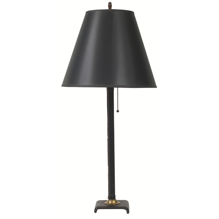 Appraisal: Jacques Adnet table lamp France black leather-wrapped base with white