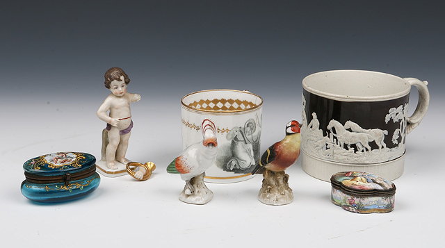 Appraisal: A COLLECTION TO INCLUDE two English porcelain mugs an enamel