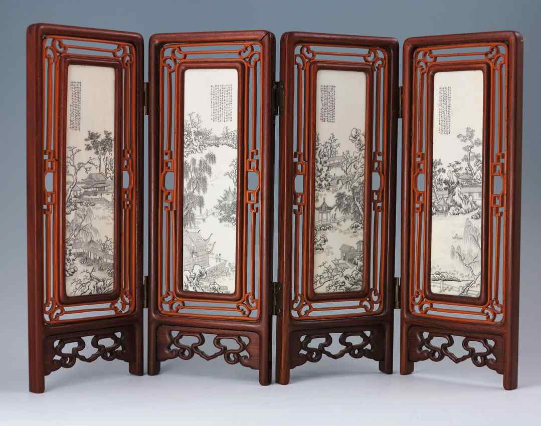 Appraisal: CHINESE SCRIMSHAW IVORY TABLE SCREEN panel screen with ivory panels