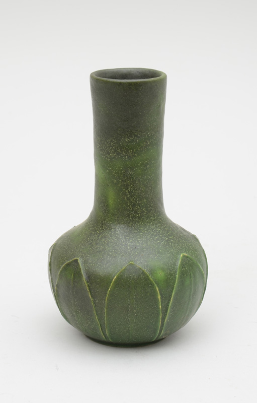 Appraisal: GRUEBY GREEN-GLAZED POTTERY BOTTLE VASE Rubbed impressed rondel 'Grueby Pottery