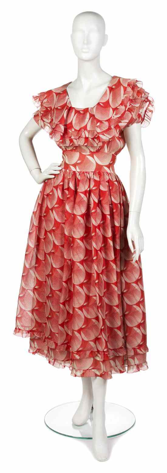 Appraisal: A Chloe Red and Beige Printed Organza Dress tiered ruffled