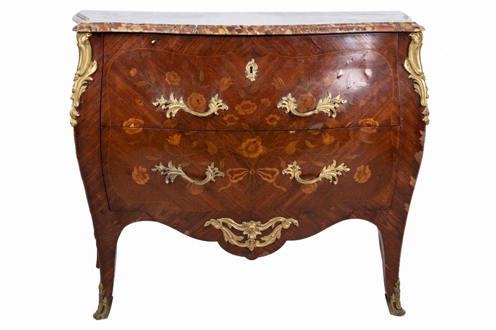 Appraisal: MARQUETRY MARBLE-TOP COMMODEafter the Breche D'alep serpentine top over a