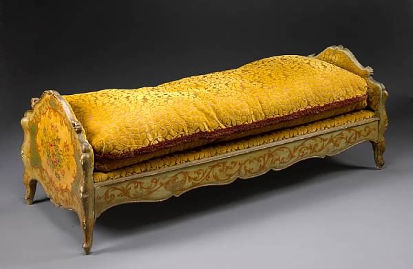 Appraisal: A Venetian Rococo style paint decorated daybed Each cartouche shaped