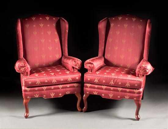 Appraisal: Pair of Queen Anne style cherrywood upholstered wing chairs th