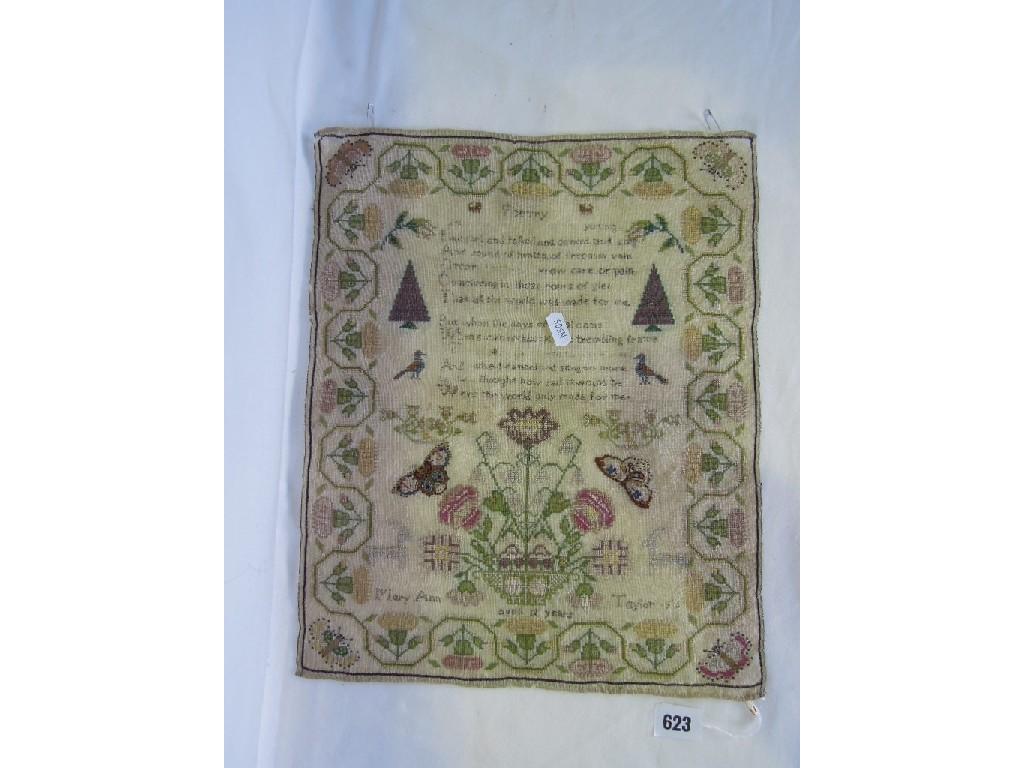 Appraisal: A sampler with butterflies and flowers to the base made