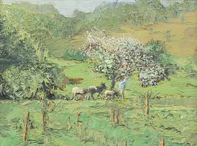 Appraisal: Harry Orlyk American b Seth Pruning Apple Trees Oil on