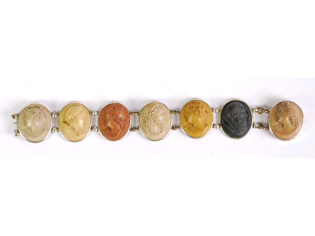 Appraisal: NINETEENTH CENTURY CARVED LAVA CAMEO BRACELET comprising seven oval varicoloured