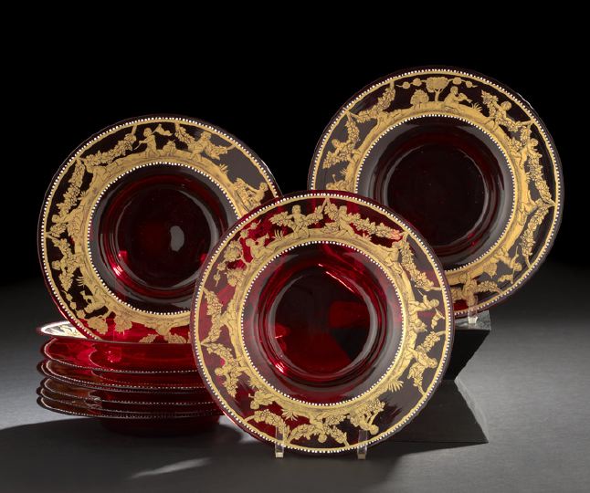 Appraisal: Good Set of Ten Richly Gilded Bohemian Ruby Glass Soup