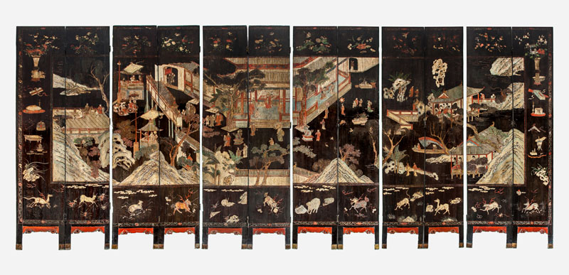 Appraisal: CHINESE BLACK COROMANDEL LACQUER TWELVE-PANEL SCREEN Each panel ft in