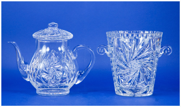 Appraisal: Four Items of Crystal Cut Glass Comprising bells a teapot