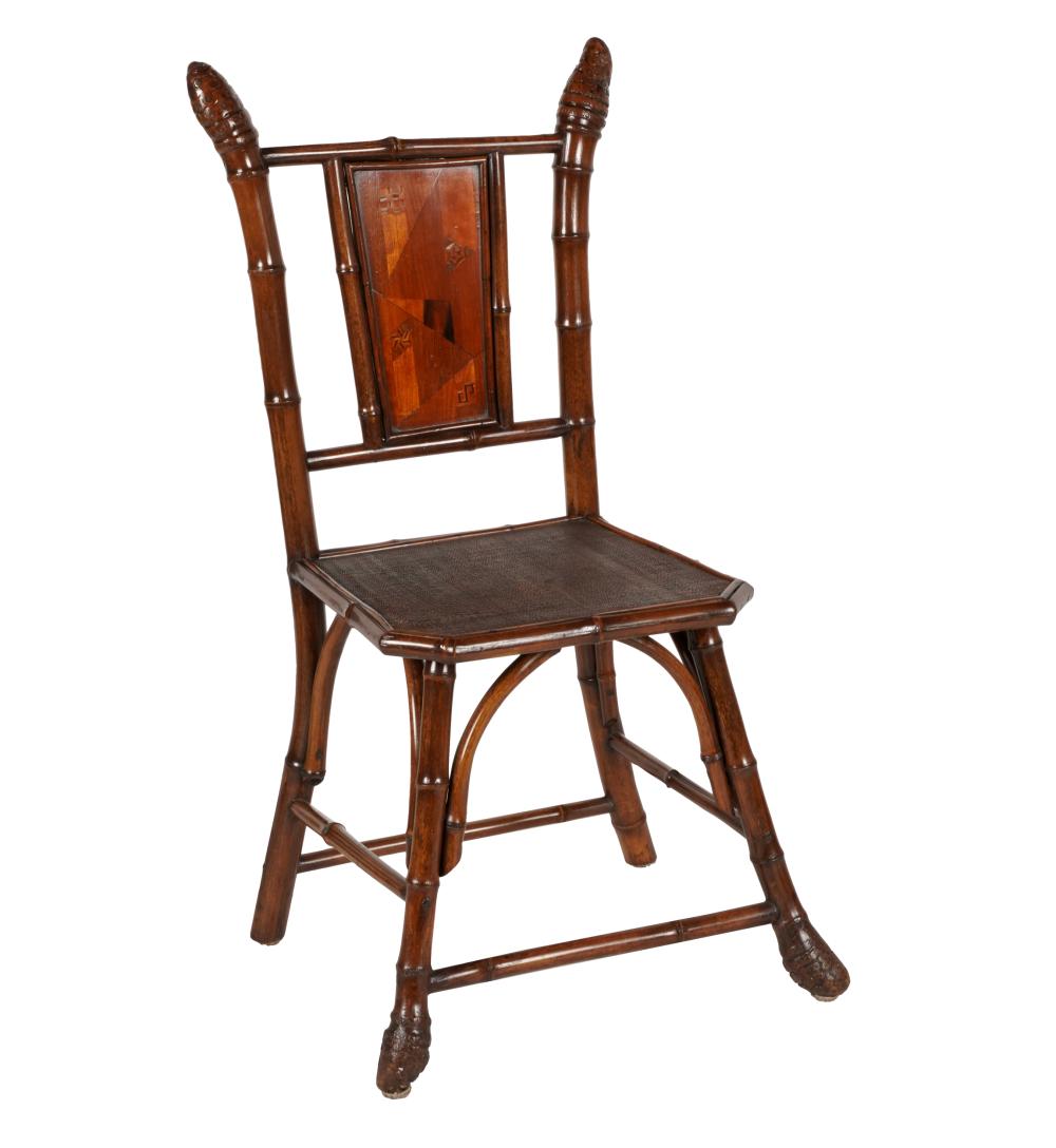 Appraisal: FRENCH AESTHETIC MOVEMENT BAMBOO SIDE CHAIRwith Japonisme marquetry-inlaid splat Provenance