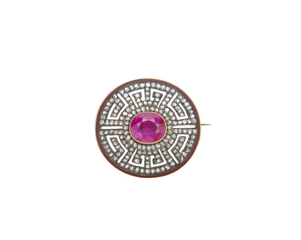 Appraisal: K Gold Silver Ruby Diamond and Enamel Brooch centering a