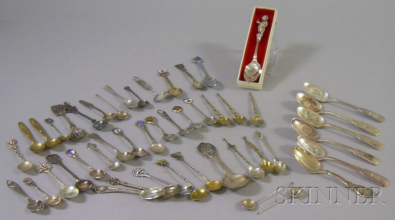 Appraisal: Approximately Forty Mixed-Metal Souvenir Spoons sterling silver plated bronze and