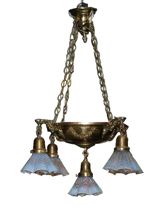 Appraisal: Five Light Brass Chandelier with Fry Glass Shades ca Late