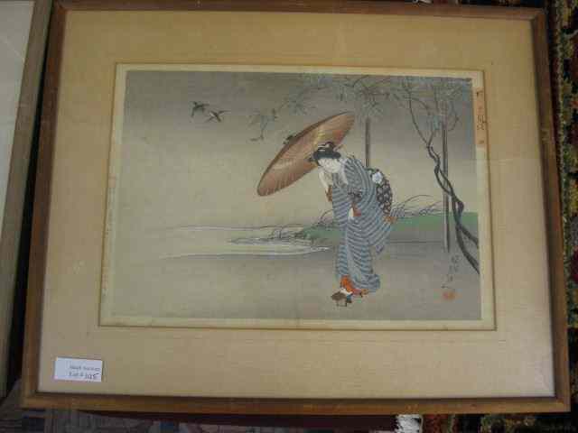 Appraisal: Japanese Woodblock Print lady with umbrella birds in distance signed