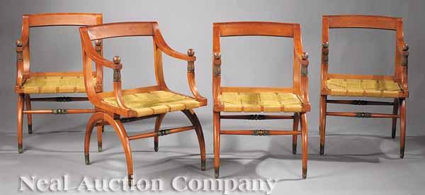 Appraisal: A Set of Four Directoire-Style Paint-Decorated Beechwood Armchairs arched crest