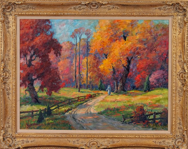 Appraisal: Woodland scene with figure walking on path autumn oil on