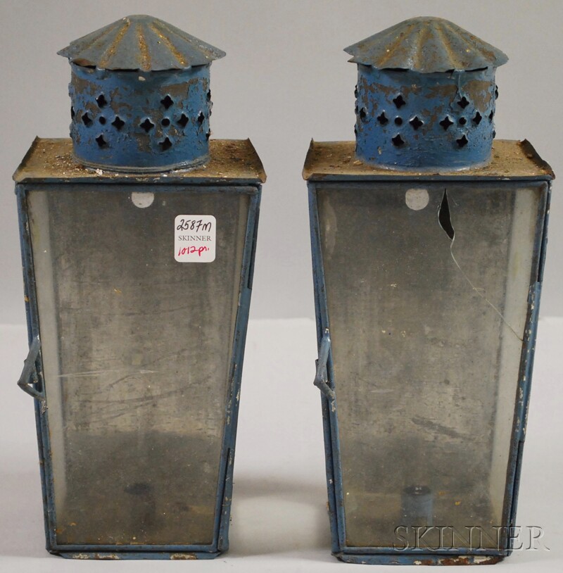 Appraisal: Pair of Blue-painted Tin and Glass Candle Lanterns ht wd