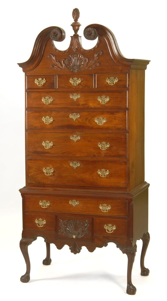 Appraisal: PHILADELPHIA-STYLE TWO-PART HIGHBOY In mahogany Scrolled and molded bonnet top