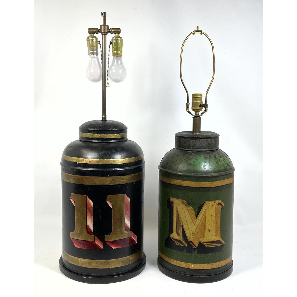 Appraisal: pcs Tole Painted Metal Canister Table Lamps Dimensions H inches