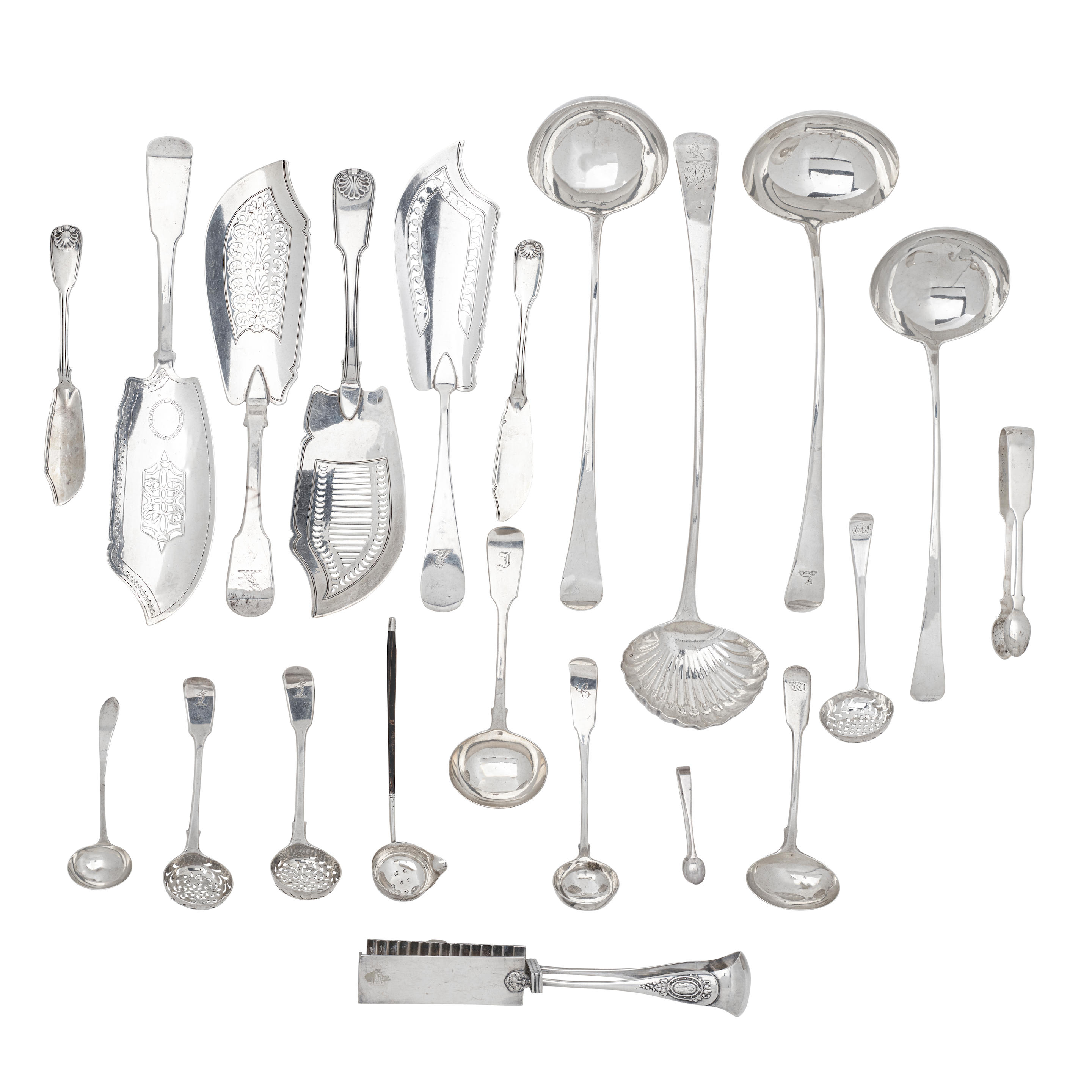 Appraisal: A GROUP OF ENGLISH SILVER FISH SLICES LADLES AND TONGS