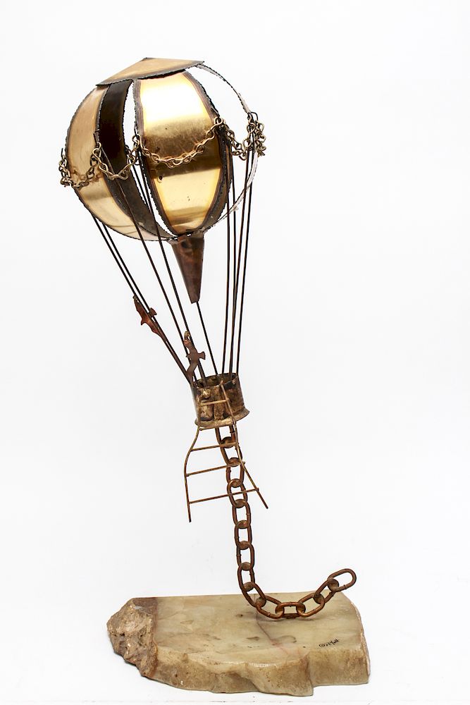 Appraisal: John DeMott Brass Hot Air Balloon Sculpture John DeMott American