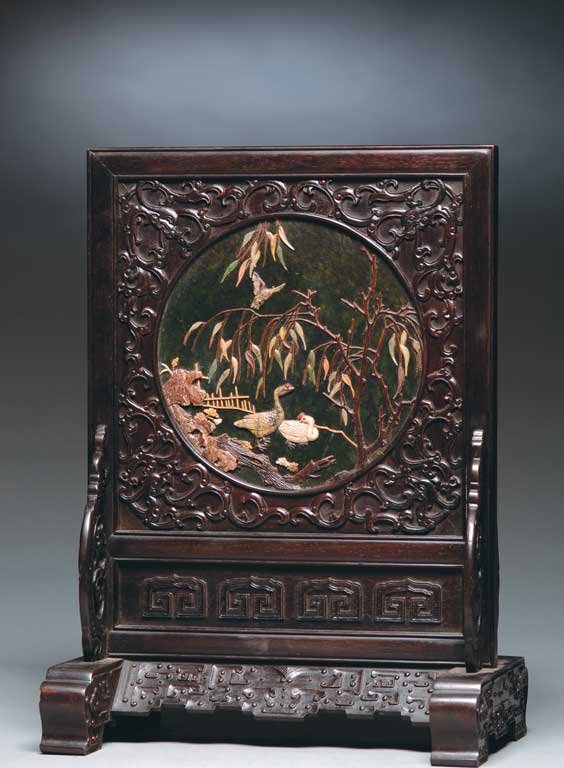 Appraisal: APPLIQU D SPINACH JADE SCREEN Finely carved Chinese spinach jade