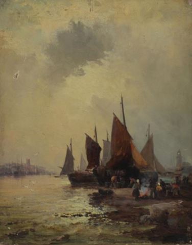 Appraisal: THORNLEY William Oil on Wood Panel FishingBoats on the Shore