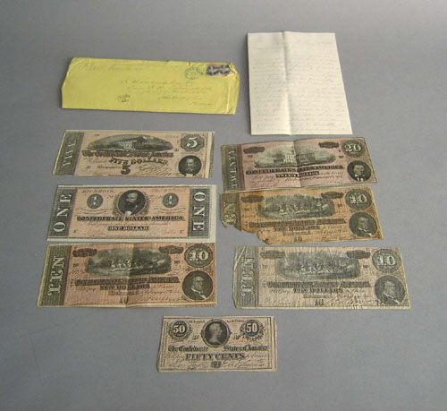 Appraisal: Confederate paper currency to include note note note three notes